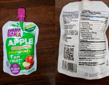 This photo provided by the U.S. Food and Drug Administration on Oct. 28, 2023, shows a WanaBana apple cinnamon fruit puree pouch.
