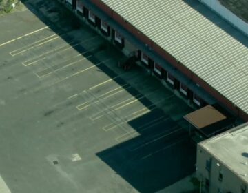 An aerial view of a parking lot