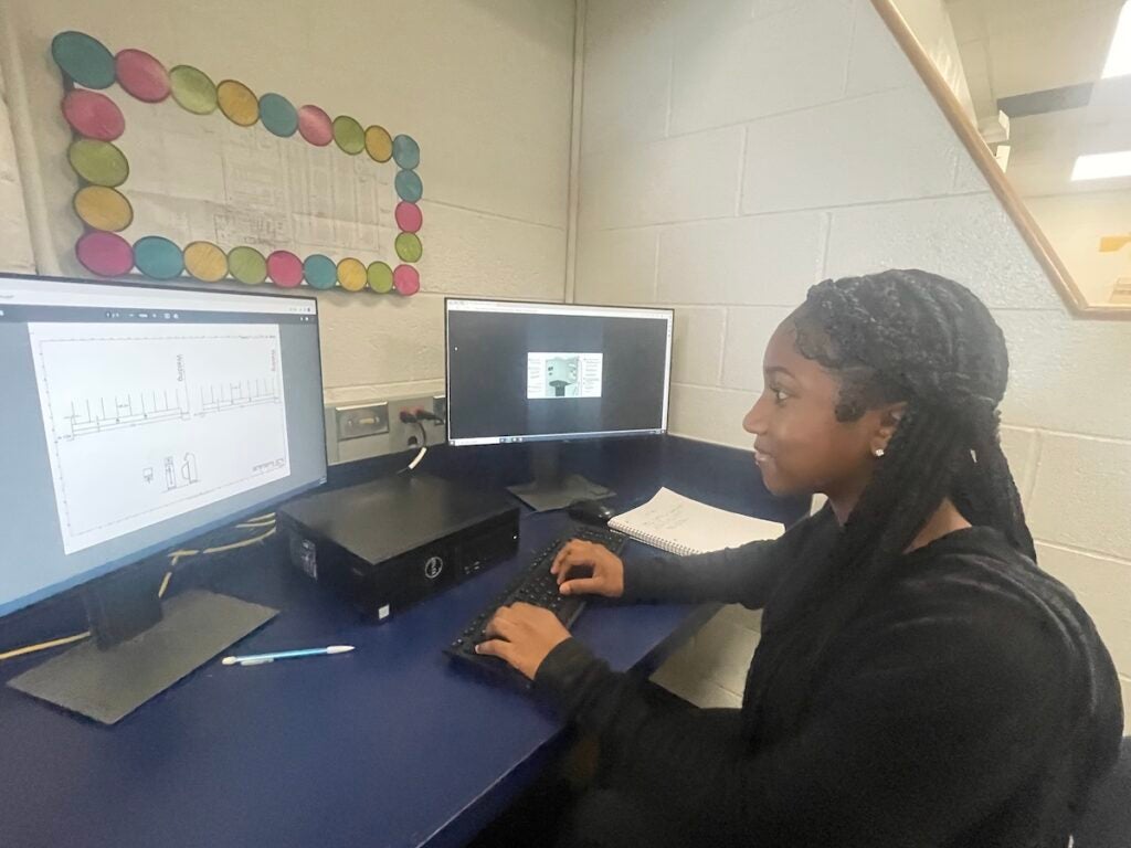 Adrianna Goursahab looks at graphs on a computer screen.