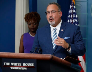 Education Secretary Miguel Cardona talks to reporters during the daily news conference in the Brady Press Briefing Room at the White House on June 30, 2023 in Washington, D.C. (Chip Somodevilla/Getty Images)