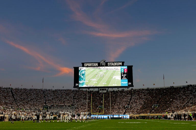 A general view as the sun sets during a game between the Central Michigan Chippewas and the Michigan State Spartans at Spartan Stadium on Sept. 1, 2023 in East Lansing, Mich. (Mike Mulholland/Getty Images)