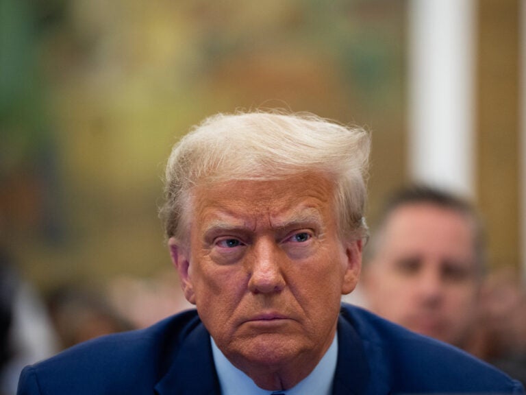 Former President Donald Trump during a trial in New York on Tuesday. A judge in a different case — happening in Washington, D.C. — issued a limited gag order that the ACLU said sweeps too broadly in restraining Trump's speech. (Bloomberg via Getty Images)