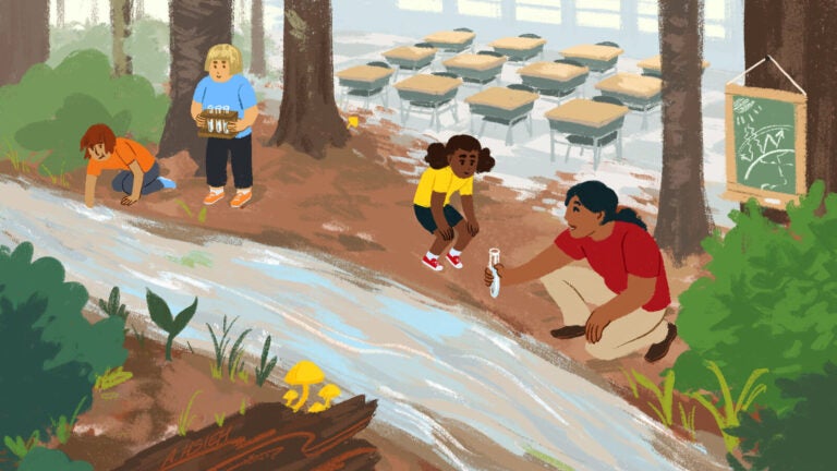 hsieh_angela_ed_climatechangeteachingtips1 In a classroom by a river, a teacher collects water samples with her class.