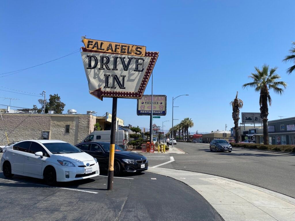Falafel's Drive In is on a car-friendly boulevard in San Jose, Calif., where we struggled to cross the four lanes of traffic by foot. San Jose is trying to build denser neighborhoods, but it's a challenge. 