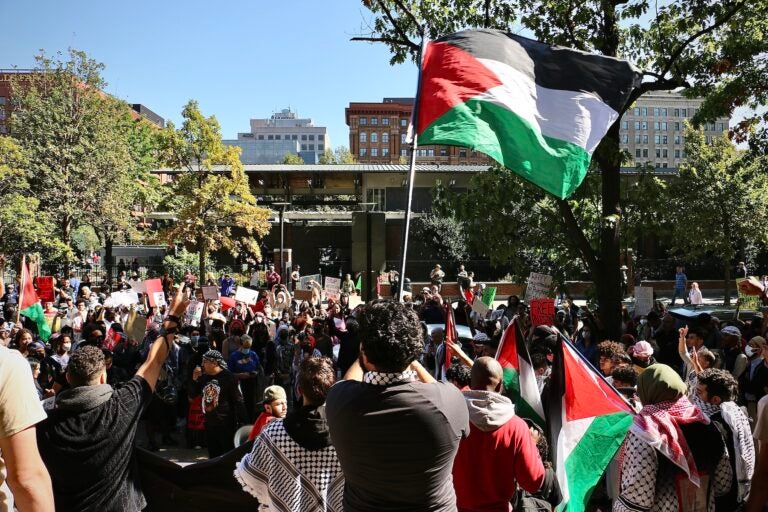 A person waves a Palestinian flag at the rally