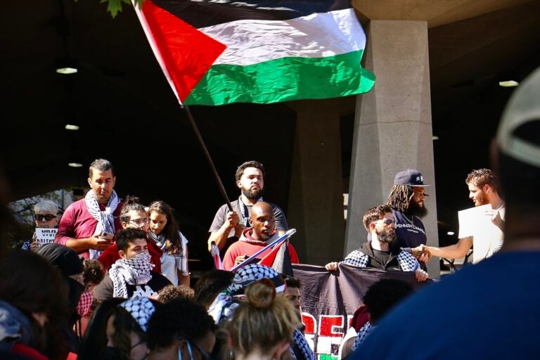 A person waves a Palestinian flag at the rally