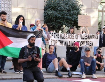 Protesters holding signs and Palestinian flag at the rally.