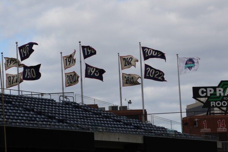 Championship flags are seen at Citizens Bank Park