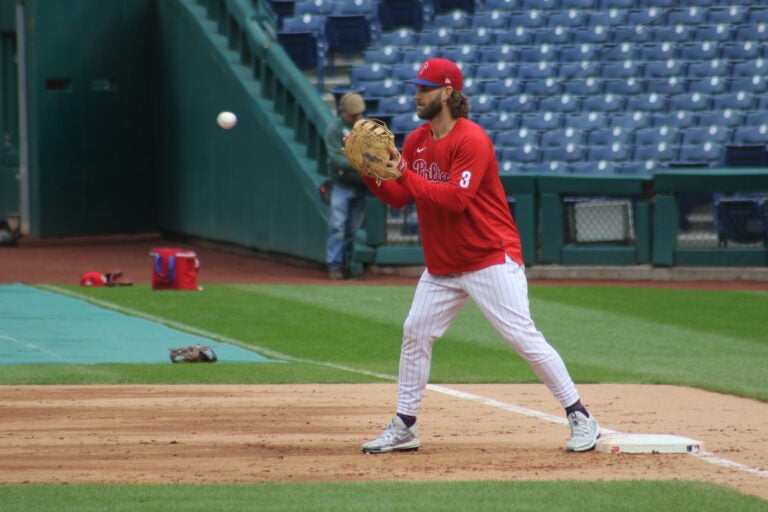 Phillies slugger Bryce Harper practices at Citizens Bank Park on Oct. 15, 2023.