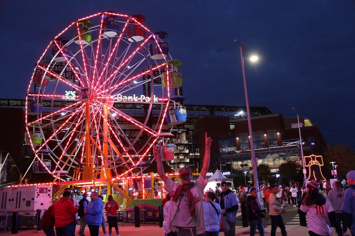 A ferris wheel and fans are visible in front of Citizens Bank Park