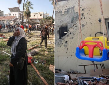 Left: A Palestinian woman cries at the garden of Al-Ahli Arabi Baptist Hospital after it was hit in Gaza City, Gaza on Oct. 18. Right: After an attack by Hamas on a kibbutz near the Gaza border, a swing is left intact while most of this family's house is in ruins.