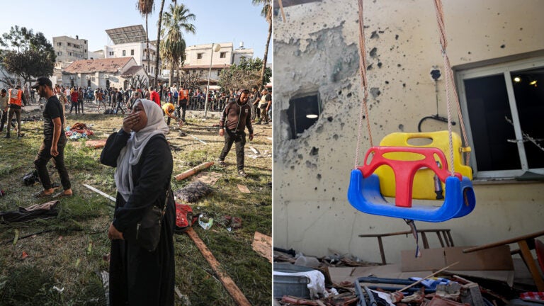 Left: A Palestinian woman cries at the garden of Al-Ahli Arabi Baptist Hospital after it was hit in Gaza City, Gaza on Oct. 18. Right: After an attack by Hamas on a kibbutz near the Gaza border, a swing is left intact while most of this family's house is in ruins.