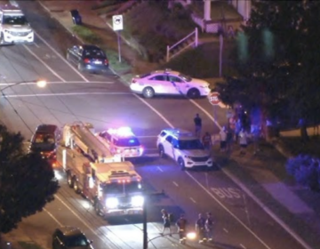 Aerial view of police at the scene of a shooting