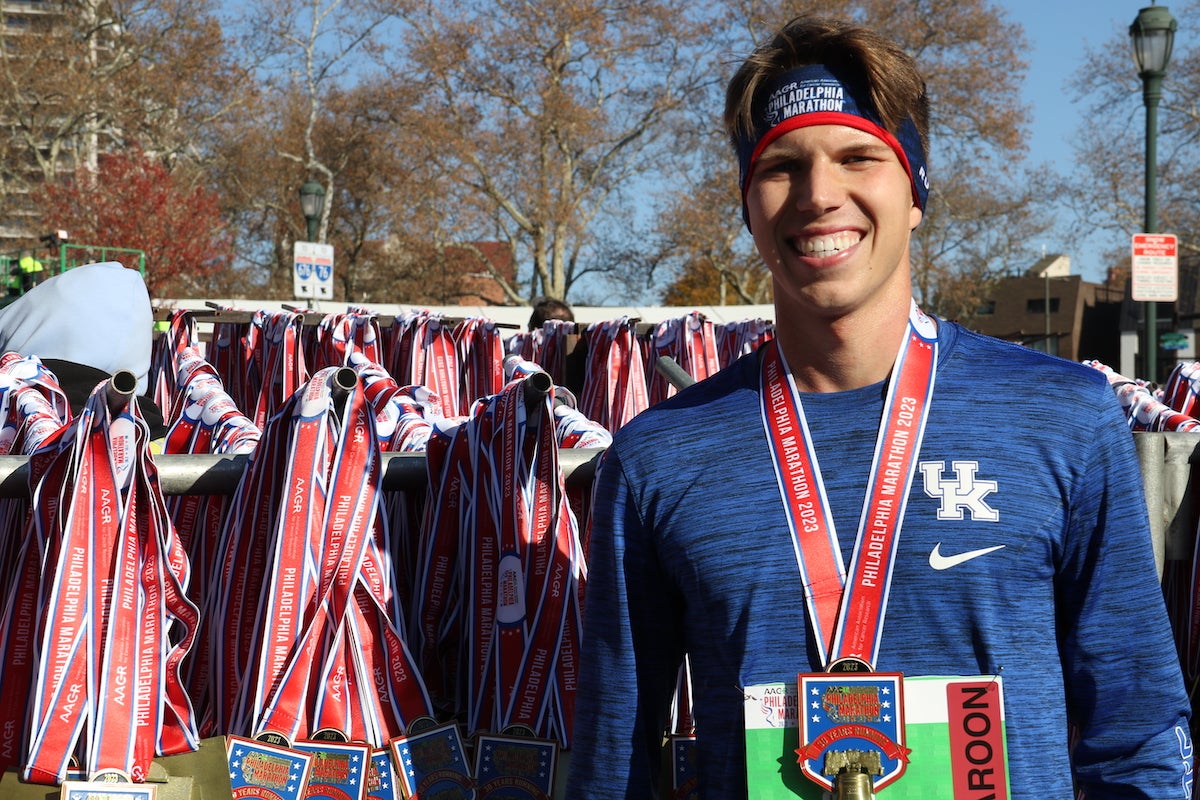 Noah Halloran finished the AACR Philadelphia Marathon in less than three hours on Sunday.