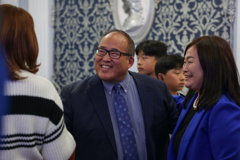 David Oh greeting supporters at his election night watch party.