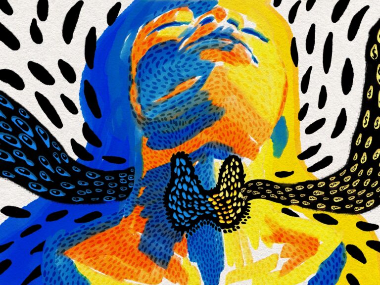 An illustration shows a person looking upwards, painted in blue, orange, and yellow.