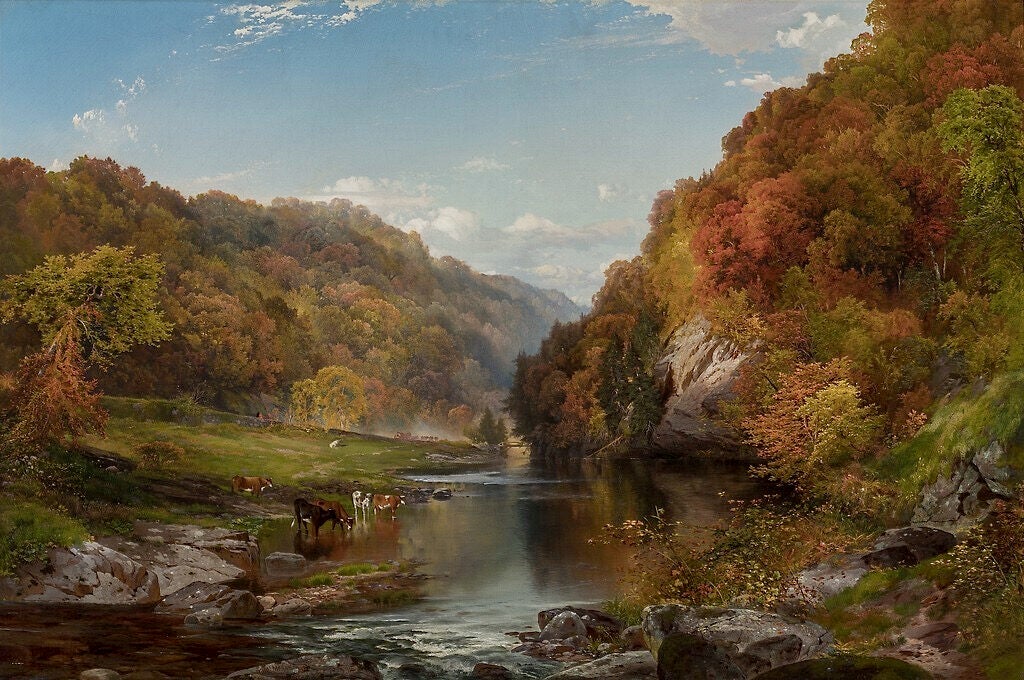 A painting shows autumn trees and cows near the Wissahickon River.