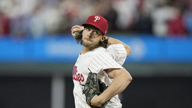 Philadelphia Phillies starting pitcher Aaron Nola throws against the Arizona Diamondbacks during the first inning in Game 2 of the baseball NL Championship Series in Philadelphia, Tuesday, Oct. 17, 2023