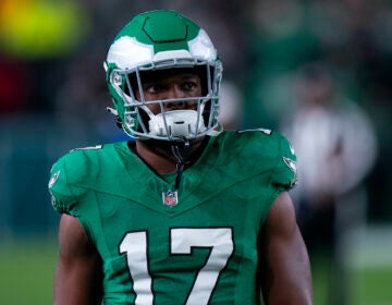 Philadelphia Eagles linebacker Nakobe Dean (17) looks on during the NFL football game against the Miami Dolphins, Sunday, Oct. 22, 2023, in Philadelphia. (AP Photo/Chris Szagola)