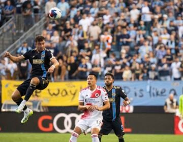 Philadelphia Union's Kai Wagner (27) heads the ball during an MLS playoff soccer game against the New England Revolution, Saturday, Oct. 28, 2023, in Philadelphia.