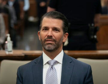 Donald Trump, Jr. sits in the courtroom before the continuation of his civil business fraud trial at New York Supreme Court, Monday, Nov. 13, 2023, in New York.