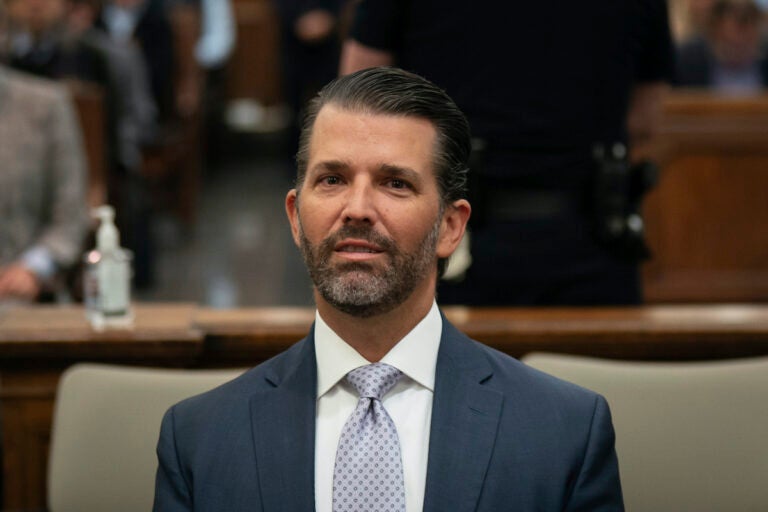 Donald Trump, Jr. sits in the courtroom before the continuation of his civil business fraud trial at New York Supreme Court, Monday, Nov. 13, 2023, in New York.