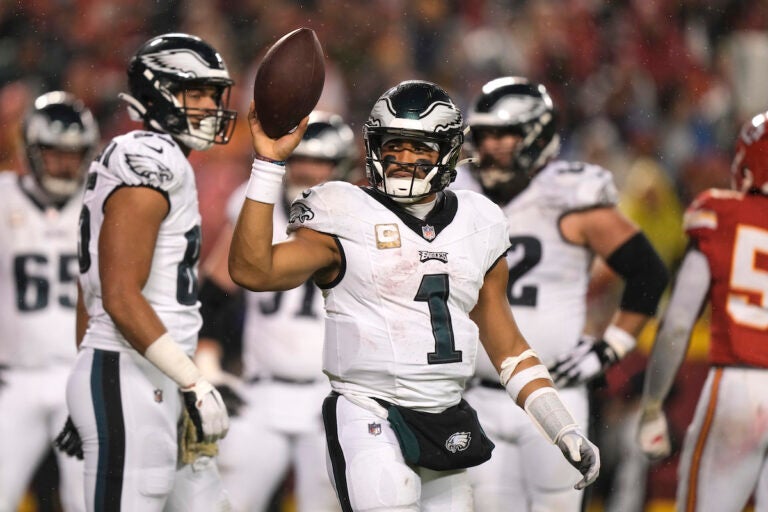 Philadelphia Eagles quarterback Jalen Hurts celebrates after scoring on a 1-yard run during the second half of an NFL football game against the Kansas City Chiefs, Monday, Nov. 20, 2023, in Kansas City, Mo.