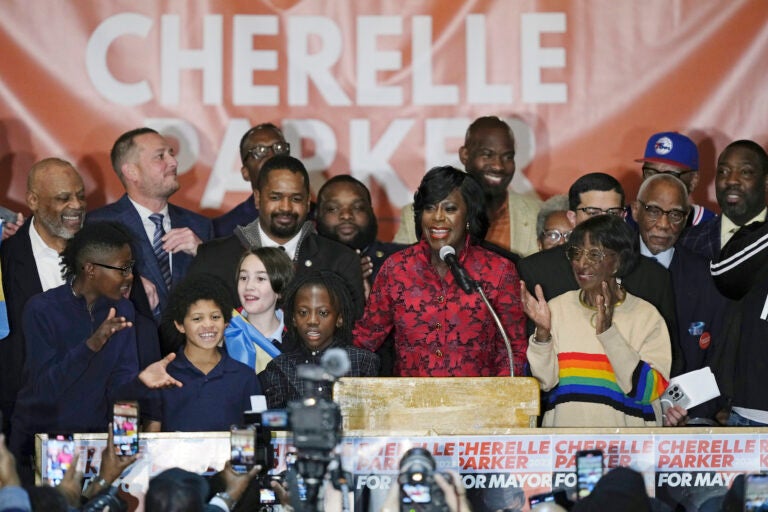 Democratic mayoral candidate Cherelle Parker, center, speaks during an election night party in Philadelphia, Tuesday, Nov. 7, 2023