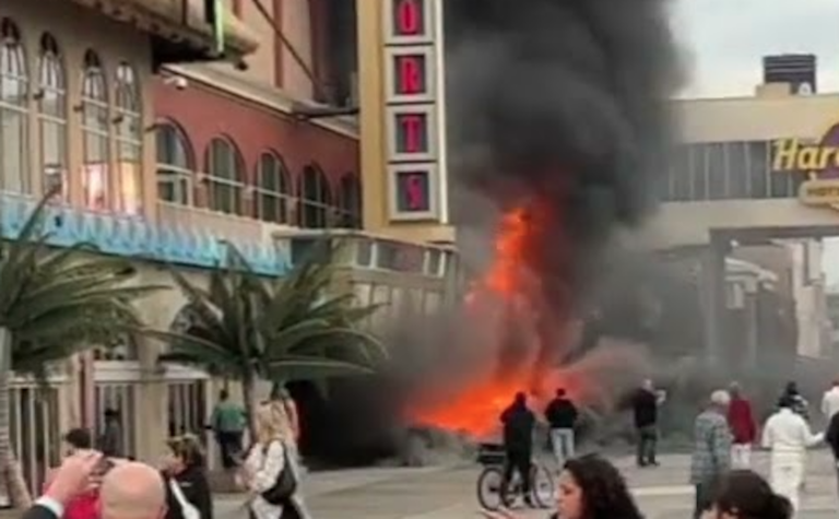 A fire erupts on an Atlantic City boardwalk.