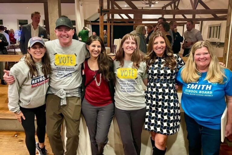 Five Democratic Central Bucks School District candidates pose with current school board member Mariam Mahmud