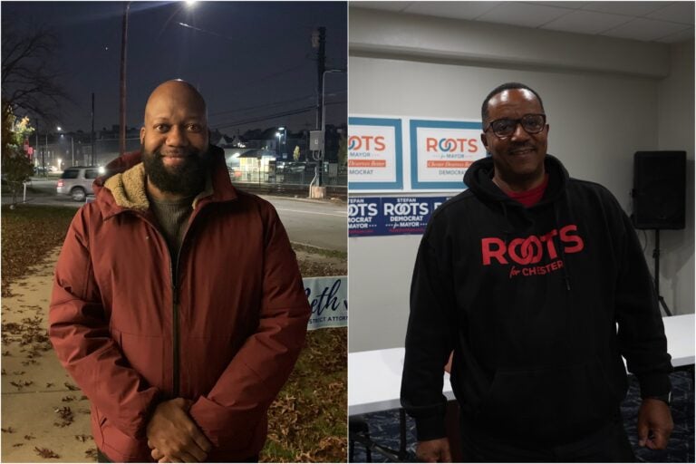 Upper Darby mayoral candidate Ed Brown on the left, and Chester mayoral candidate Stefan Roots (Kenny Cooper/WHYY)