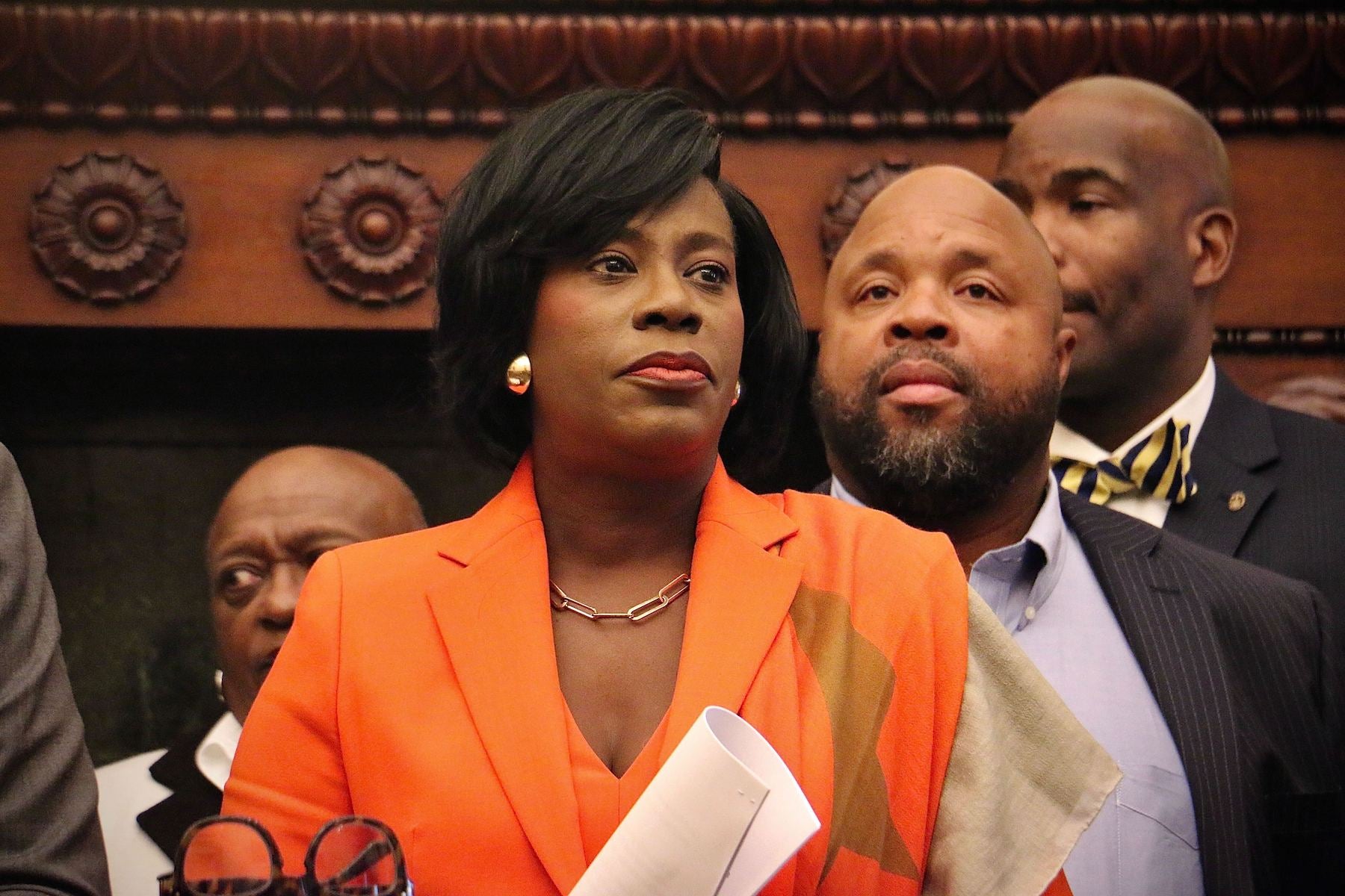 Cherelle Parker speaking at a podium.