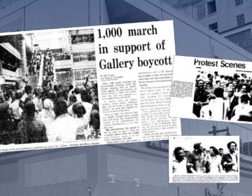 Newspaper clippings are visible describing a protest at The Gallery. The Gallery building is visible in the background.