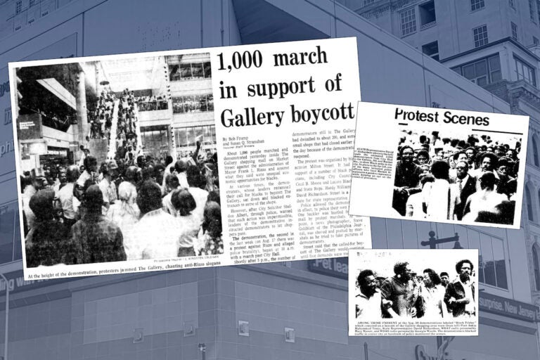 Newspaper clippings are visible describing a protest at The Gallery. The Gallery building is visible in the background.