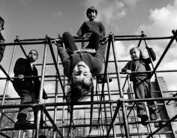 Children playing on a jungle gym.