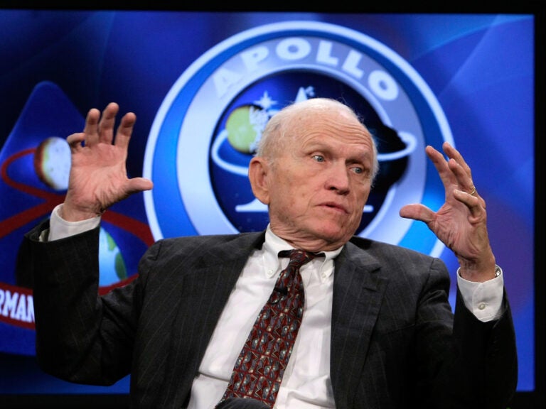 Apollo 8 crew member Frank Borman speaks during a 2008 NASA TV program at the Newseum in Washington, DC. The former astronauts participated in a discussion on the 1968 lunar orbital mission and how the success of Apollo 8 contributed to the overall moon landing effort.