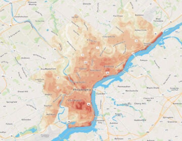 A map shows recorded heat index in Philadelphia.