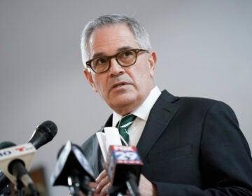 Krasner speaks into microphones at a press conference