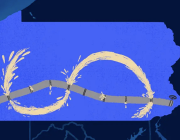 An illustration of the Mariner East II pipeline running across PA with drilling fluid leaks creating a dollar sign.