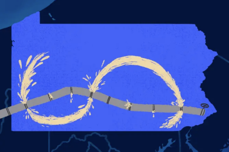 An illustration of the Mariner East II pipeline running across PA with drilling fluid leaks creating a dollar sign.