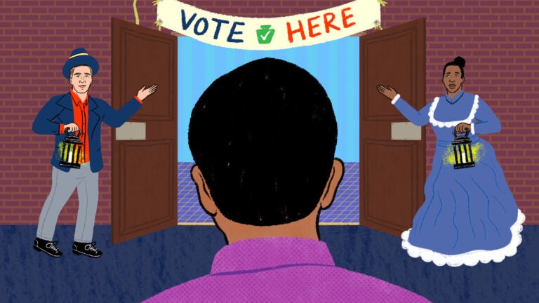 Illustration of a person approaching a polling place