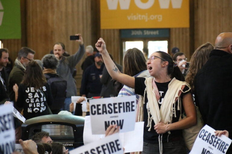 A protester raises their fist. People hold signs reading Ceasefire now all around.