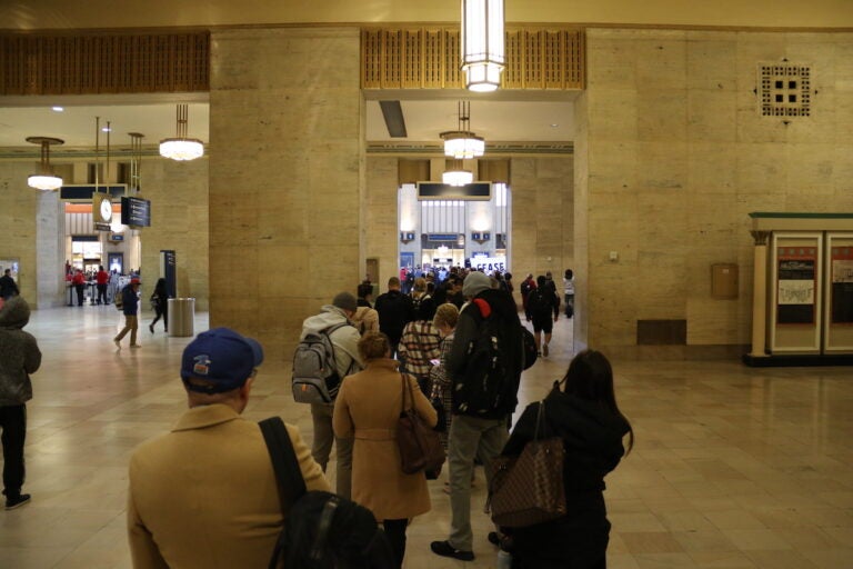 A line of people wait to board their train