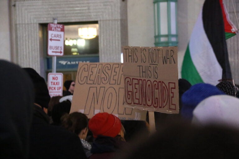 Signs held by protesters read Ceasefire now and this is not war this is genocide. A Palestinian flag is also visible in the background.