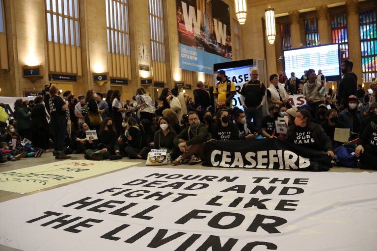 Protesters hold sign that reads Ceasefire and another spread out on the floor that reads 