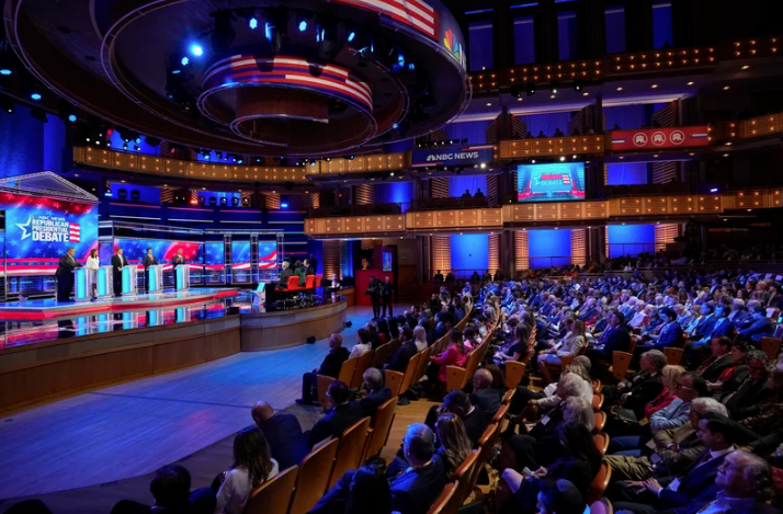 Republican presidential candidates from left, former New Jersey Gov. Chris Christie, former U.N. Ambassador Nikki Haley, Florida Gov. Ron DeSantis, businessman Vivek Ramaswamy and Sen. Tim Scott, R-S.C., participate in a Republican presidential primary debate hosted by NBC News Wednesday in Miami.