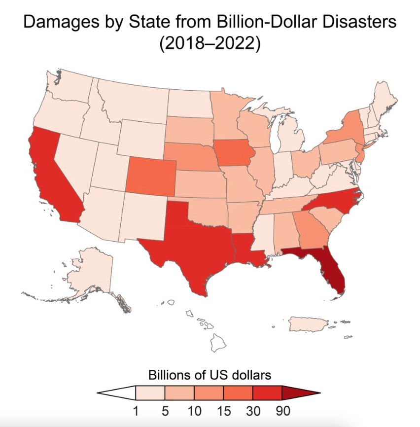 A map of storm damage from climate change shows more billion-dollar disasters across the U.S., particularly in the South