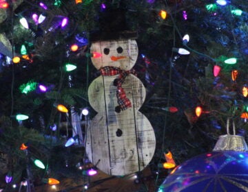 A snowman ornament on a tree