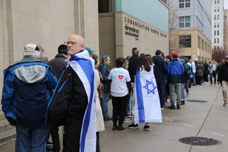 Due to the long line of attendees waiting to get in, speeches were delayed at the ''Interfaith Rally Against Antisemitism'' at Congregation Rodeph Shalom on Sunday. (Cory Sharber/WHYY)