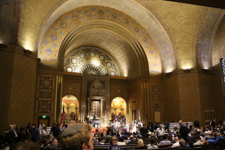 Congregation Rodeph Shalom hosted an ''Interfaith Rally Against Antisemitism'' on Dec. 10, 2023 featuring speakers Gov. Josh Shapiro and U.S. Senator Bob Casey. (Cory Sharber/WHYY)